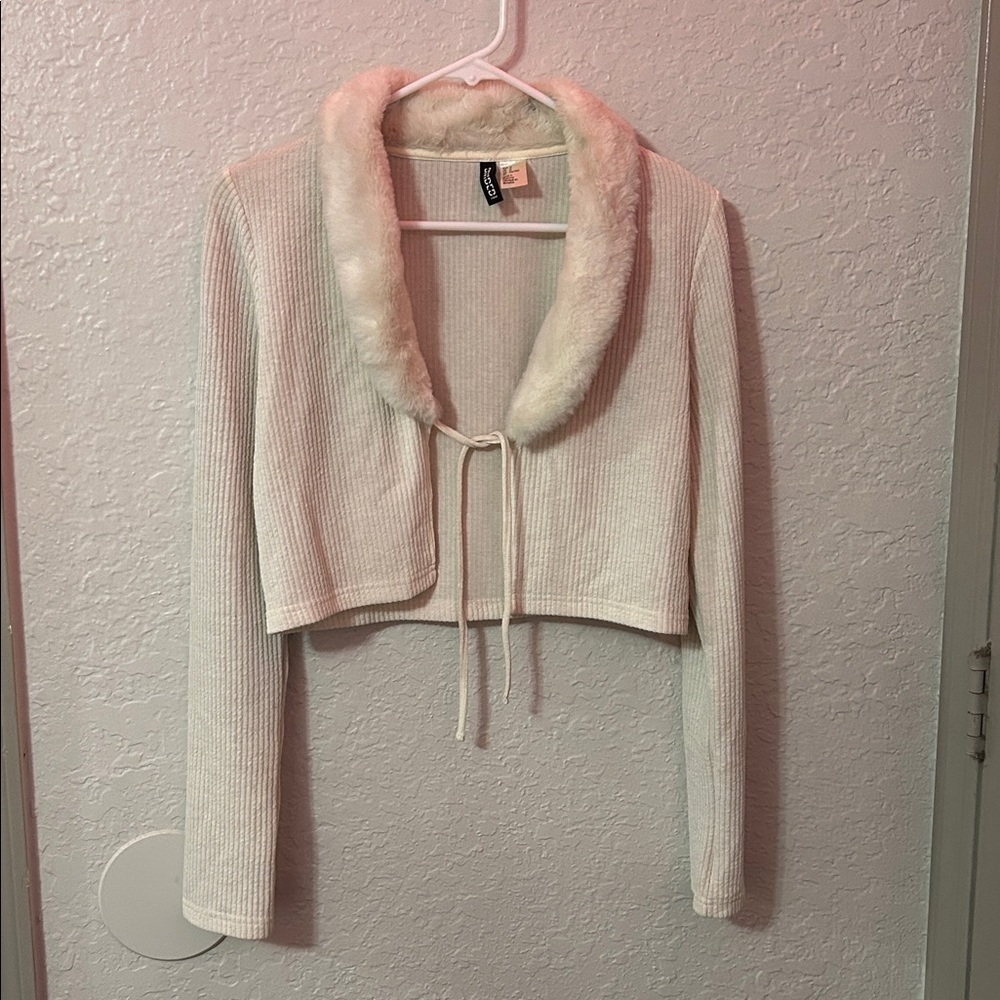 Faux Fur Collar Ribbed Crop Cardigan